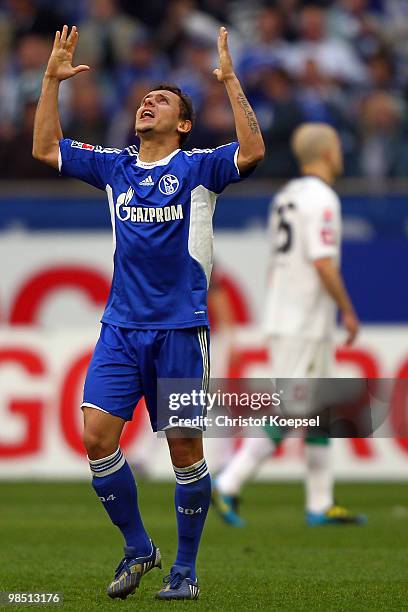 Rafinha of Schalke celebrates the third goal of Ivan Rakitic during the Bundesliga match between FC Schalke 04 and Borussia Moenchengladbach at the...