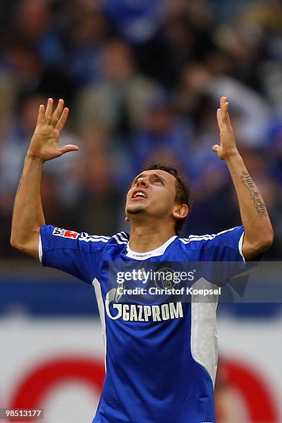 Rafinha of Schalke celebrates the third goal of Ivan Rakitic during the Bundesliga match between FC Schalke 04 and Borussia Moenchengladbach at the...