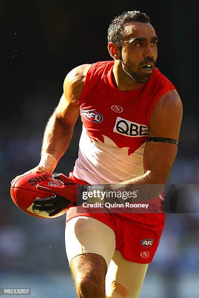 Adam Goodes of the Swans looks to kick during the round four AFL match between the North Melbourne Kangaroos and the Sydney Swans at Etihad Stadium...