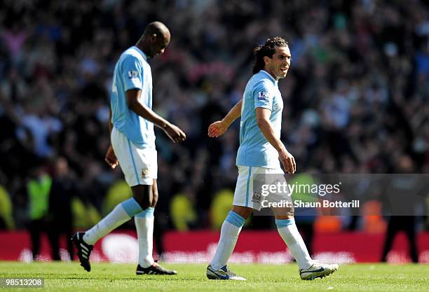 Carlos Tevez of Manchester City leaves the pitch at the end of the Barclays Premier League match between Manchester City and Manchester United at the...