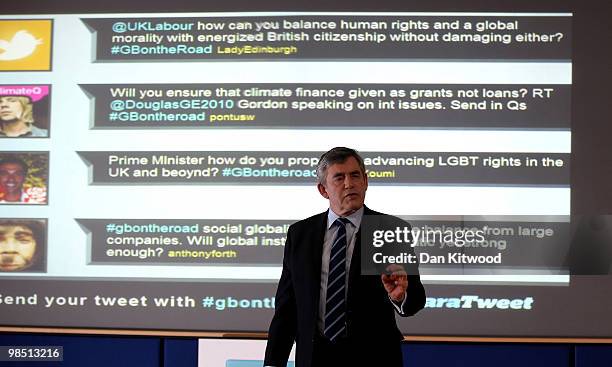 British Prime Minister Gordon Brown speaks to members of the public and party delegates at The Open University on April 17, 2010 in Milton Keynes,...