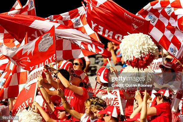 Swans fans show their support during the round four AFL match between the North Melbourne Kangaroos and the Sydney Swans at Etihad Stadium on April...