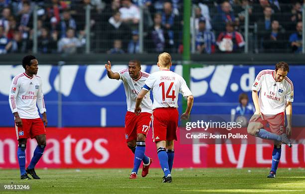 Jerome Boateng of Hamburg gestures during the Bundesliga match between Hamburger SV and FSV Mainz 05 at HSH Nordbank Arena on April 17 in Hamburg,...