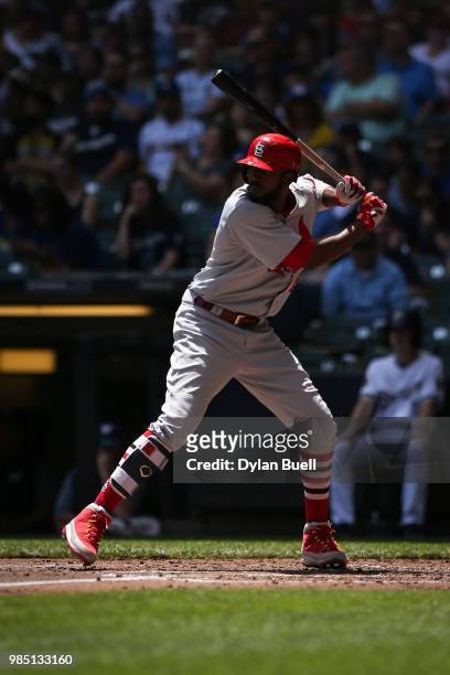 Dexter Fowler of the St. Louis Cardinals bats in the second inning against the Milwaukee Brewers at Miller Park on June 24, 2018 in Milwaukee,...