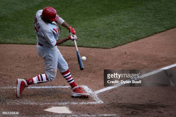 Dexter Fowler of the St. Louis Cardinals grounds into a fielder's choice in the sixth inning against the Milwaukee Brewers at Miller Park on June 24,...