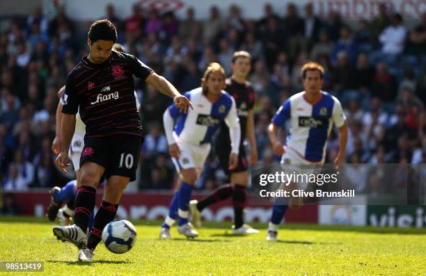 Mikel Arteta of Everton scores the first goal from the penalty spot during the Barclays Premier League match between Blackburn Rovers and Everton at...