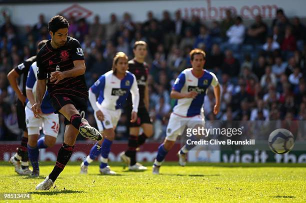 Mikel Arteta of Everton scores the first goal from the penalty spot during the Barclays Premier League match between Blackburn Rovers and Everton at...