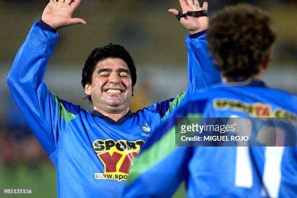 Diego Armando Maradona celebrates a goal, 24 June 2000, in Montevideo, Uruguay. Diego Armando Maradona festeja su gol, el 24 de junio de 2000, frente...