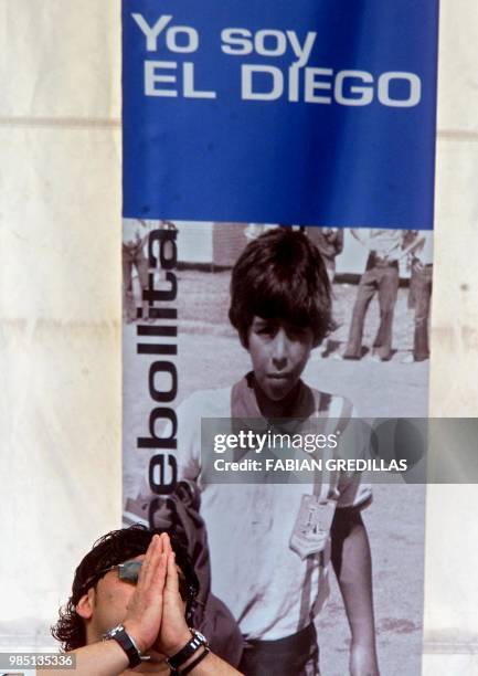 The ex-soccer player Diego Armando Maradona gestures during the presentation of two compact discs titled "I am the Diego, without censorships", which...