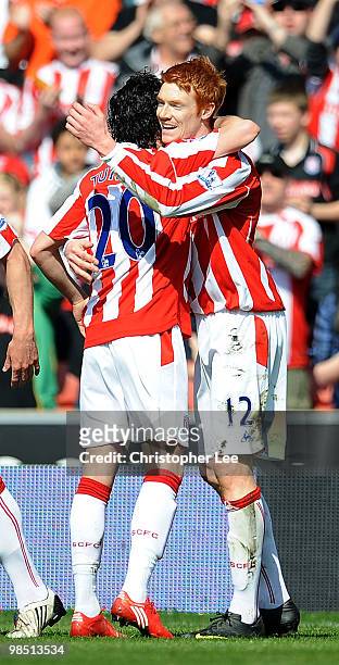Dave Kitson of Stoke celebrates scoring their first goal with Tuncay during the Barclays Premier League match between Stoke City and Bolton Wanderers...