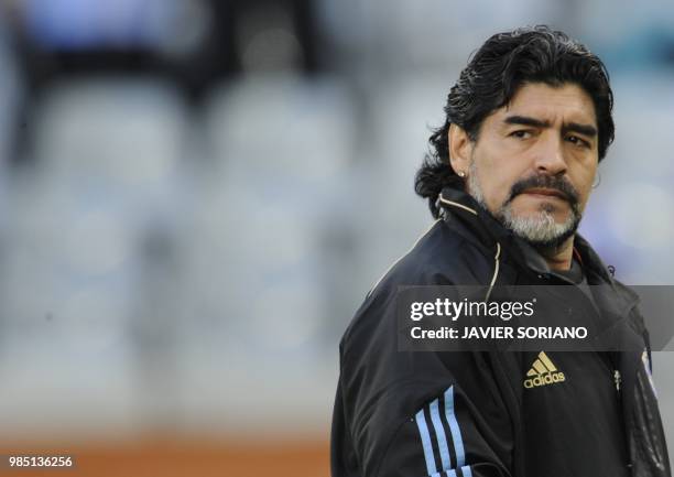 Argentina's coach Diego Maradona looks on prior to the 2010 World Cup quarter final Argentina vs Germany on July 3, 2010 at Green Point stadium in...