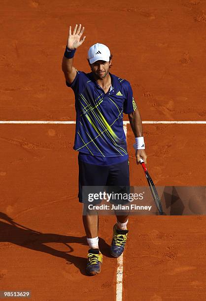 Fernando Verdasco of Spain celebrates defeating Novak Djokovic of Serbia during day six of the ATP Masters Series at the Monte Carlo Country Club on...