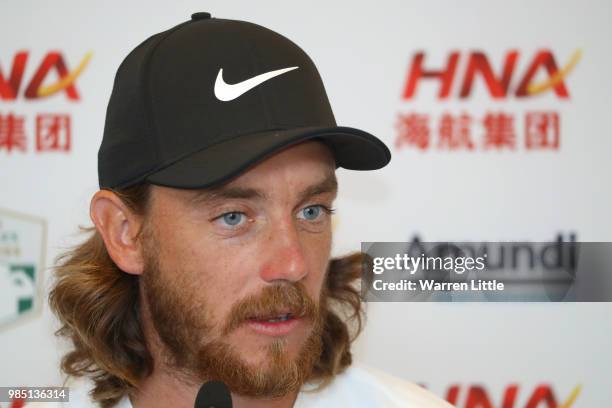 Tommy Fleetwood of England adresses a press confernce ahead of the HNA Open de France at Le Golf National on June 27, 2018 in Paris, France.