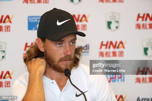 Tommy Fleetwood of England adresses a press confernce ahead of the HNA Open de France at Le Golf National on June 27, 2018 in Paris, France.