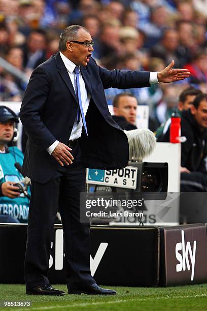 Head coach Felix Magath of Schalke gestures during the Bundesliga match between FC Schalke 04 and Borussia Moenchengladbach at Veltins Arena on April...