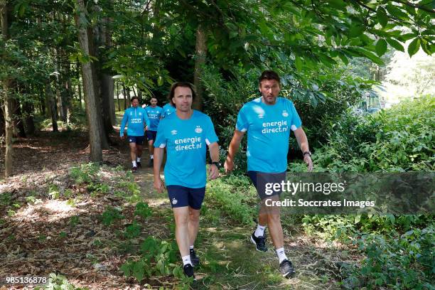 Assistant trainer Boudewijn Zenden of PSV, goalkeeper trainer Ruud Hesp of PSV during the First Training PSV at the De Herdgang on June 27, 2018 in...