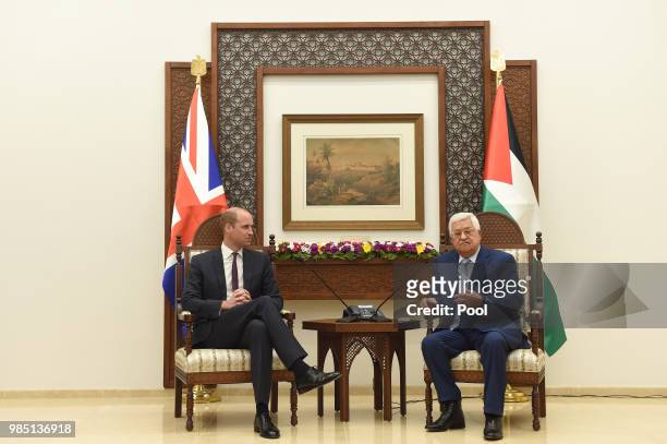 Prince William, Duke of Cambridge meets Palestinian Authority President Mahmoud Abbas in the Office of the President as part of his tour of the...