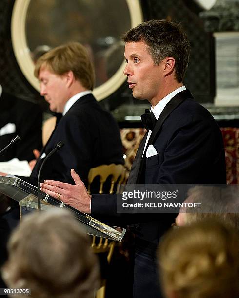 Denmark's Crown Prince Frederik makes a speach to his mother, Queen Margrethe of Denmark, during the gala dinner on April 16 held at the Royal...