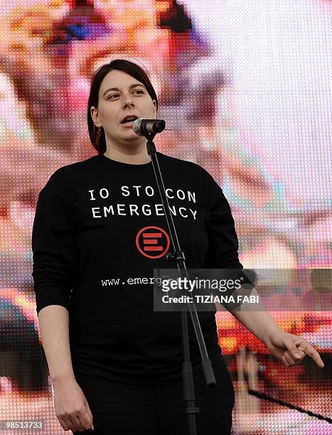President of Italian medical charity Emergency Cecilia Strada delivers a speech during a demonstration to support three Emergency employees held in...