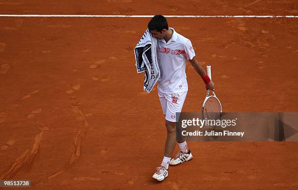Novak Djokovic of Serbia reacts in his match against Fernando Verdasco of Spain during day six of the ATP Masters Series at the Monte Carlo Country...