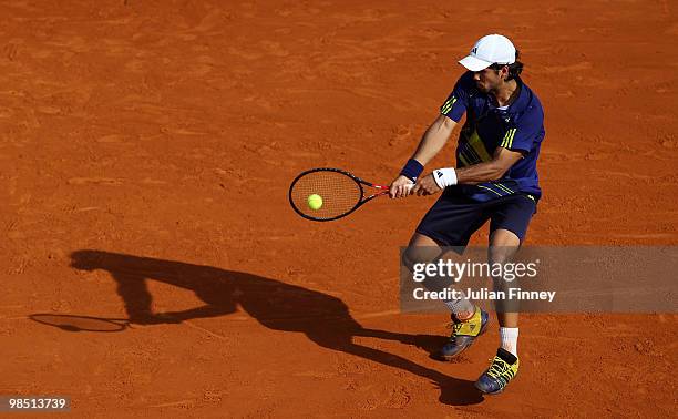 Fernando Verdasco of Spain in action in his match against Novak Djokovic of Serbia during day six of the ATP Masters Series at the Monte Carlo...