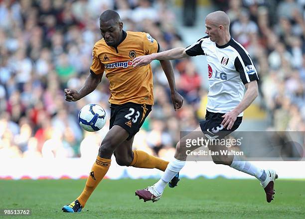Ronald Zubar of Wolves is closed down by Paul Konchesky of Fulham during the Barclays Premier League match between Fulham and Wolverhampton Wanderers...