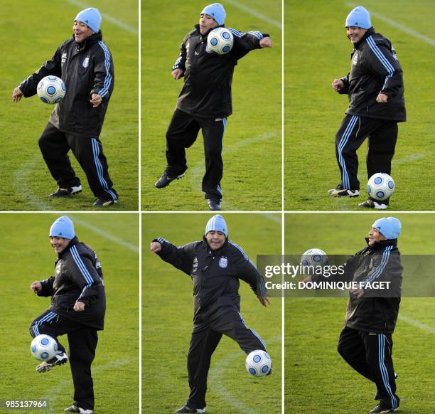 This combination picture made on November 10, 2009 shows Argentinian coach Diego Maradona training with his team in Madrid. Argentina will play a...