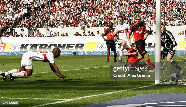 Cacau of Stuttgart scores his team's first goal during the Bundesliga match between VfB Stuttgart and Bayer Leverkusen at the Mercedes-Benz Arena on...