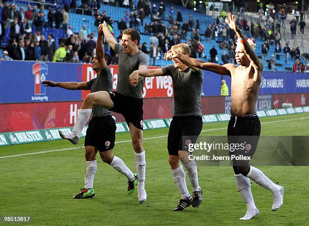 Player of Mainz compete celebrate after winning the Bundesliga match between Hamburger SV and FSV Mainz 05 at HSH Nordbank Arena on April 17 in...