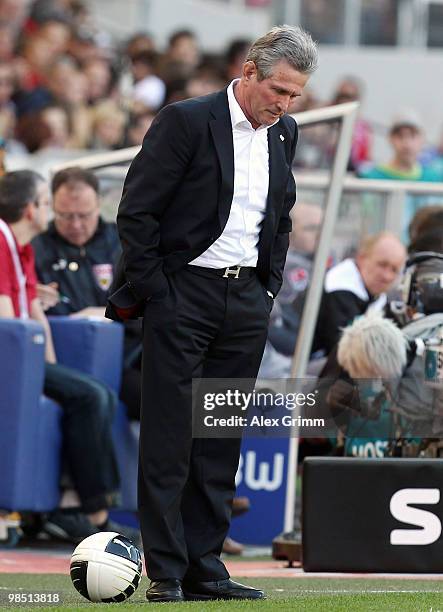 Head coach Jupp Heynckes of Leverkusen reacts during the Bundesliga match between VfB Stuttgart and Bayer Leverkusen at the Mercedes-Benz Arena on...