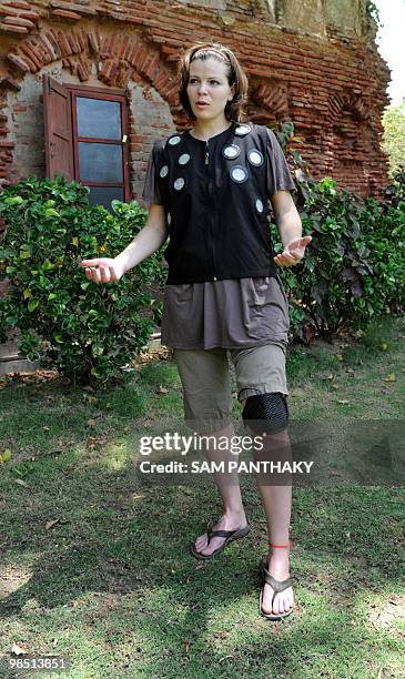 Dhama Apparel Innovations industrial designer Julianne Gauron models the air conditioned "ClimaGear" vest and "ClimaPack" knee pad at the National...