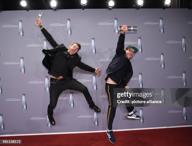 Moderator Thore Schoelermann and musician Mark Forster partake in the award ceremony for the programm "The Voice of Germany", winning in the category...