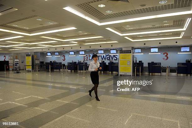 Photo shows closed flight check-in desks after the closure of the airspace over Serbia on April 17 at Belgrade's airport. Airspace over Serbia and...