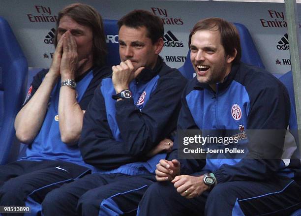 Head coach Thomas Tuchel of Mainz laughs during the Bundesliga match between Hamburger SV and FSV Mainz 05 at HSH Nordbank Arena on April 17 in...