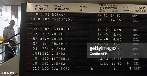 Flight departure table shows a list of canceled flights after the closure of the airspace over Serbia on April 17, 2010 at Belgrade's airport....