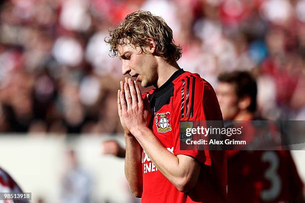 Stefan Kiessling of Leverkusen reacts during the Bundesliga match between VfB Stuttgart and Bayer Leverkusen at the Mercedes-Benz Arena on April 17...