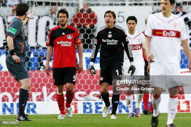 Goalkeeper Rene Adler of Leverkusen argues with referee Manuel Graefe during the Bundesliga match between VfB Stuttgart and Bayer Leverkusen at the...