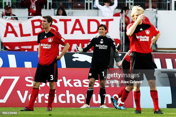 Stefan Reinartz, goalkeeper Rene Adler and Sami Hyypiae of Leverkusen react during the Bundesliga match between VfB Stuttgart and Bayer Leverkusen at...