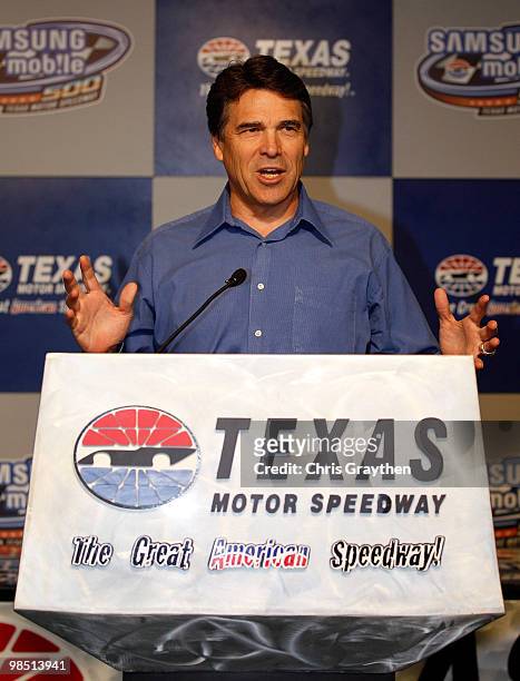 Texas Governor Rick Perry speaks to the media during a press conference at Texas Motor Speedway on April 17, 2010 in Fort Worth, Texas.