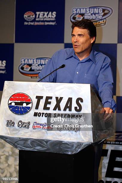 Texas Governor Rick Perry speaks to the media during a press conference at Texas Motor Speedway on April 17, 2010 in Fort Worth, Texas.