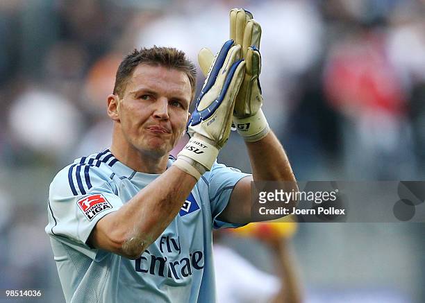 Goalkeeper Frank Rost of Hamburg applauds to the fans after the Bundesliga match between Hamburger SV and FSV Mainz 05 at HSH Nordbank Arena on April...
