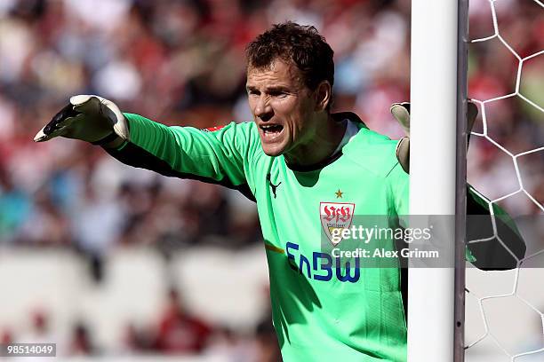 Goalkeeper Jens Lehmann of Stuttgart gestures during the Bundesliga match between VfB Stuttgart and Bayer Leverkusen at the Mercedes-Benz Arena on...