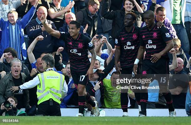 Tim Cahill of Everton celebrates after scoring the winning goal during the Barclays Premier League match between Blackburn Rovers and Everton at...