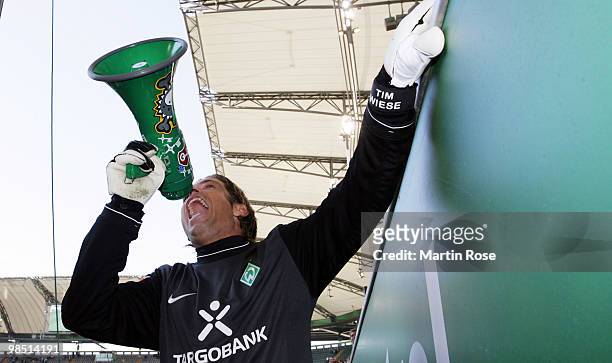 Tim Wiese, goalkeeper of Bremen celebrates after the Bundesliga match between VfL Wolfsburg and SV Werder Bremen at the Volkswagen Arena on April 17,...