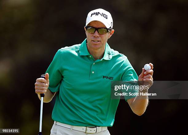 Nick O'Hern of Australia waves to the gallery on the 17th hole during the third round of the Verizon Heritage at the Harbour Town Golf Links on April...