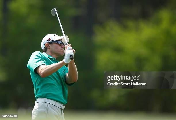 Nick O'Hern of Australia watches his approach shot on the 16th hole during the third round of the Verizon Heritage at the Harbour Town Golf Links on...