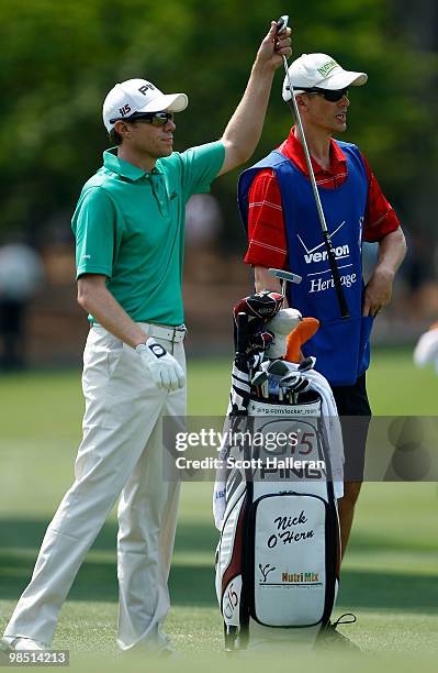 Nick O'Hern of Australia pulls a club on the 16th hole during the third round of the Verizon Heritage at the Harbour Town Golf Links on April 17,...