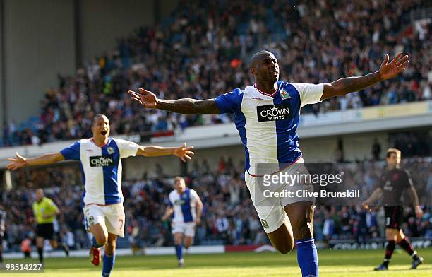 Jason Roberts of Blackburn Rovers celebrates after scoring the 2:2 equalising goal during the Barclays Premier League match between Blackburn Rovers...