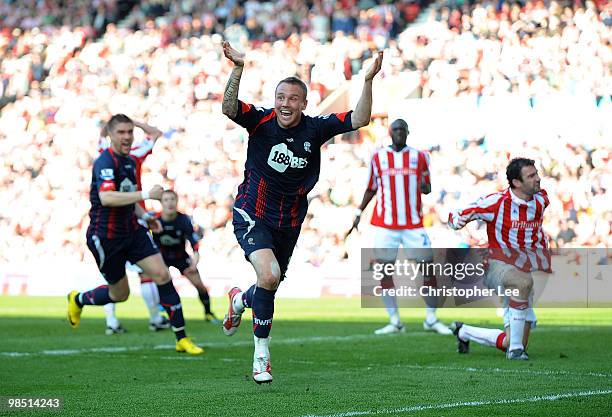 Matt Taylor of Bolton celebrates after scoring their winning 2:1 goal during the Barclays Premier League match between Stoke City and Bolton...