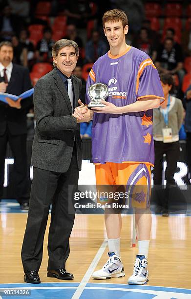 Victor Claver, #9 of Power Electronics Valencia receives an award during the Best Season Players Award Ceremony at Fernando Buesa Arena on April 15,...